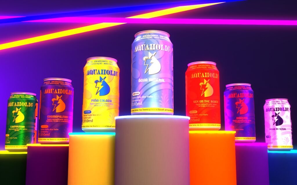 Latas Aquaholic expostas em pedestais com luz neon
