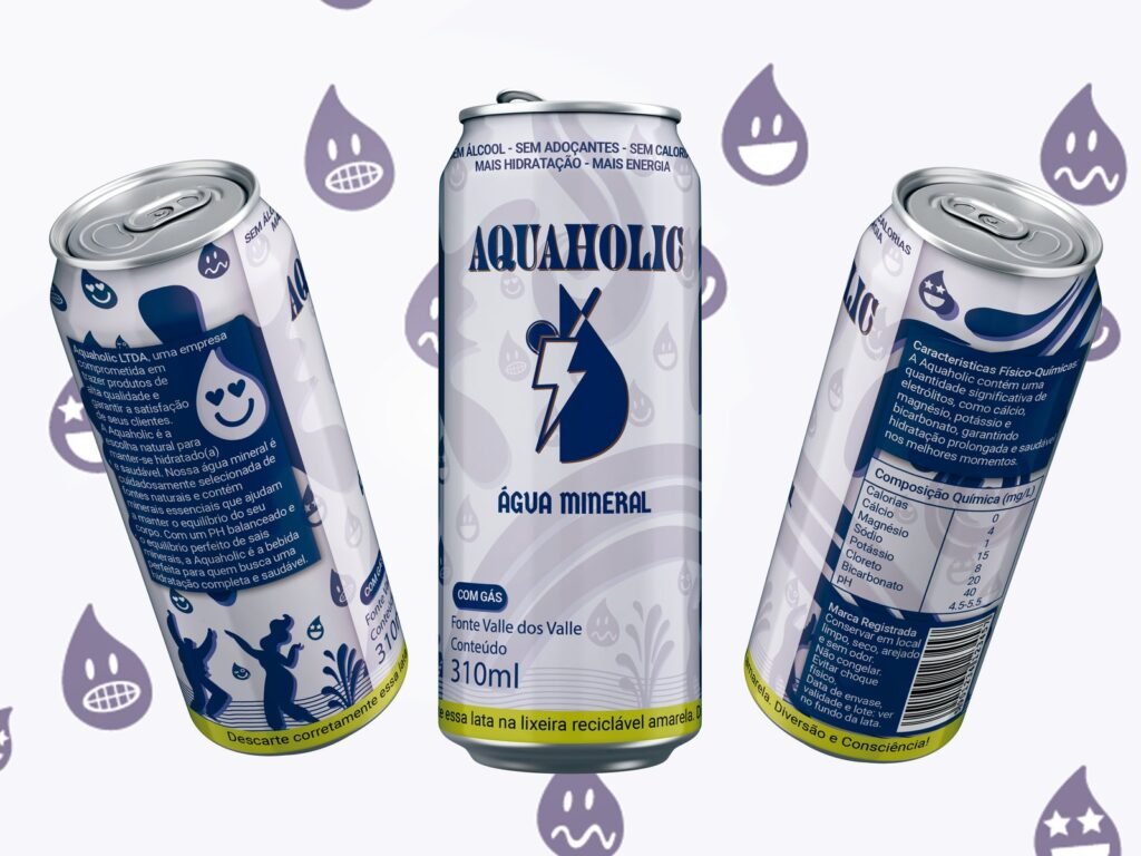 Três latas de Aquaholic Água com Gás