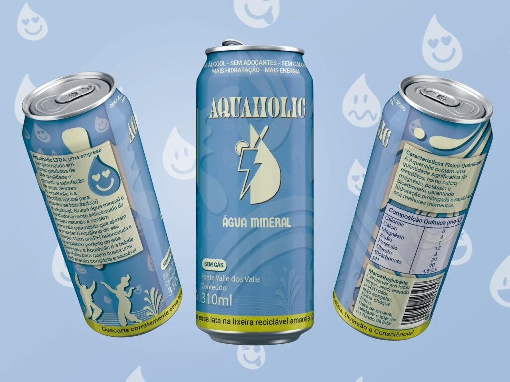 Três latas de Aquaholic Água Mineral