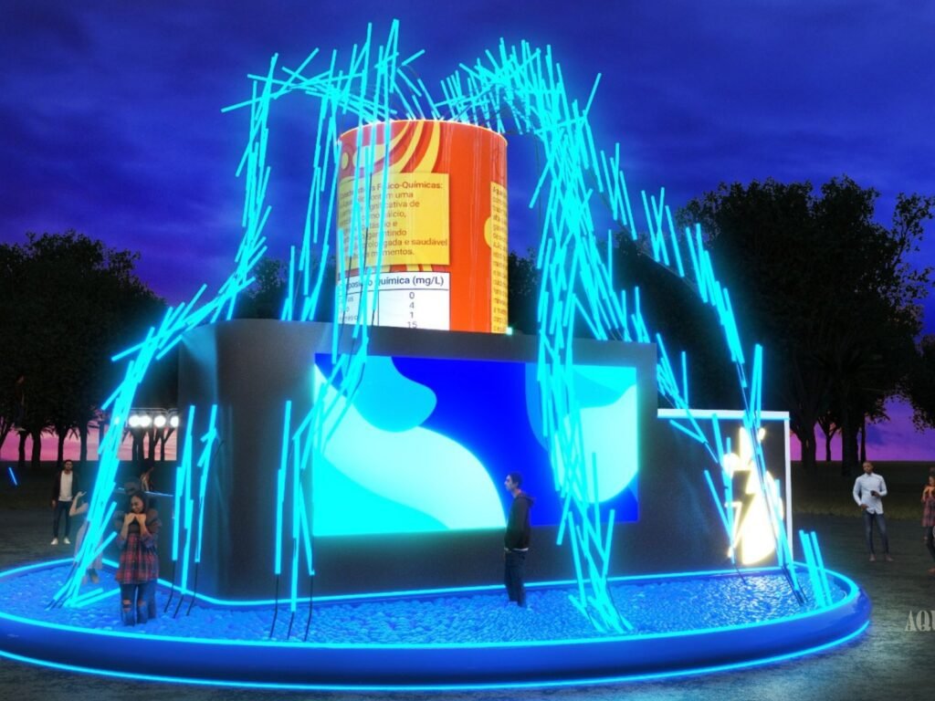 Stand 3D da Aquaholic para festival, com fonte de luz