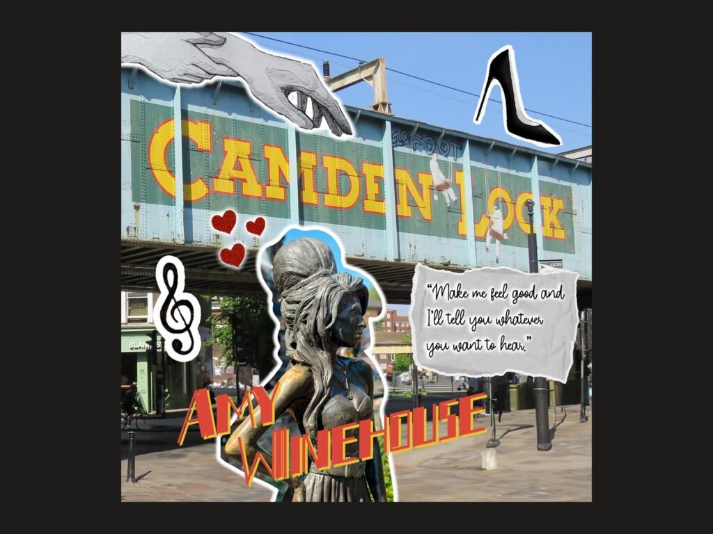 Arte da capa: colagem com a ponte do Camden Lock e a estátua de Amy