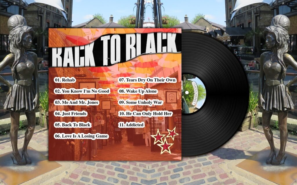Vinil Back to Black diante da estátua de Amy Winehouse em Camden