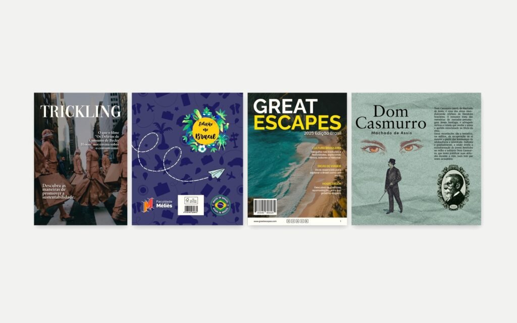 Capas de Trickling, Mundo em Figurinhas, Great Escapes e Dom Casmurro lado a lado