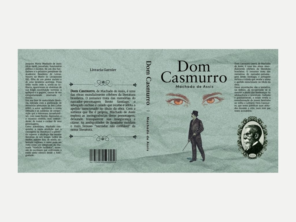 Capa completa de Dom Casmurro: quarta capa, lombada e capa
