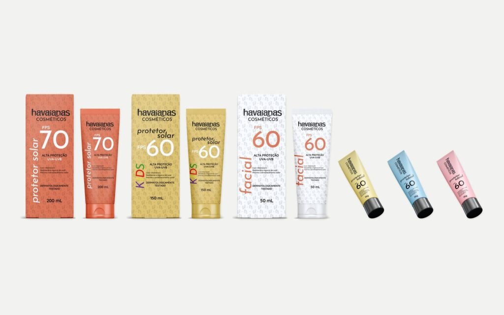 Linha Havaianas Cosméticos: protetor FPS 70, Kids FPS 60, Facial FPS 60 e três protetores labiais
