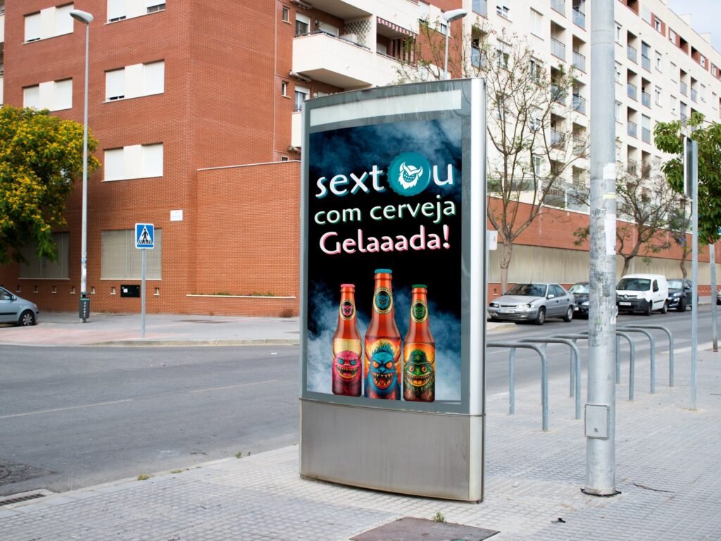 Cartaz da cervejaria em mobiliário urbano