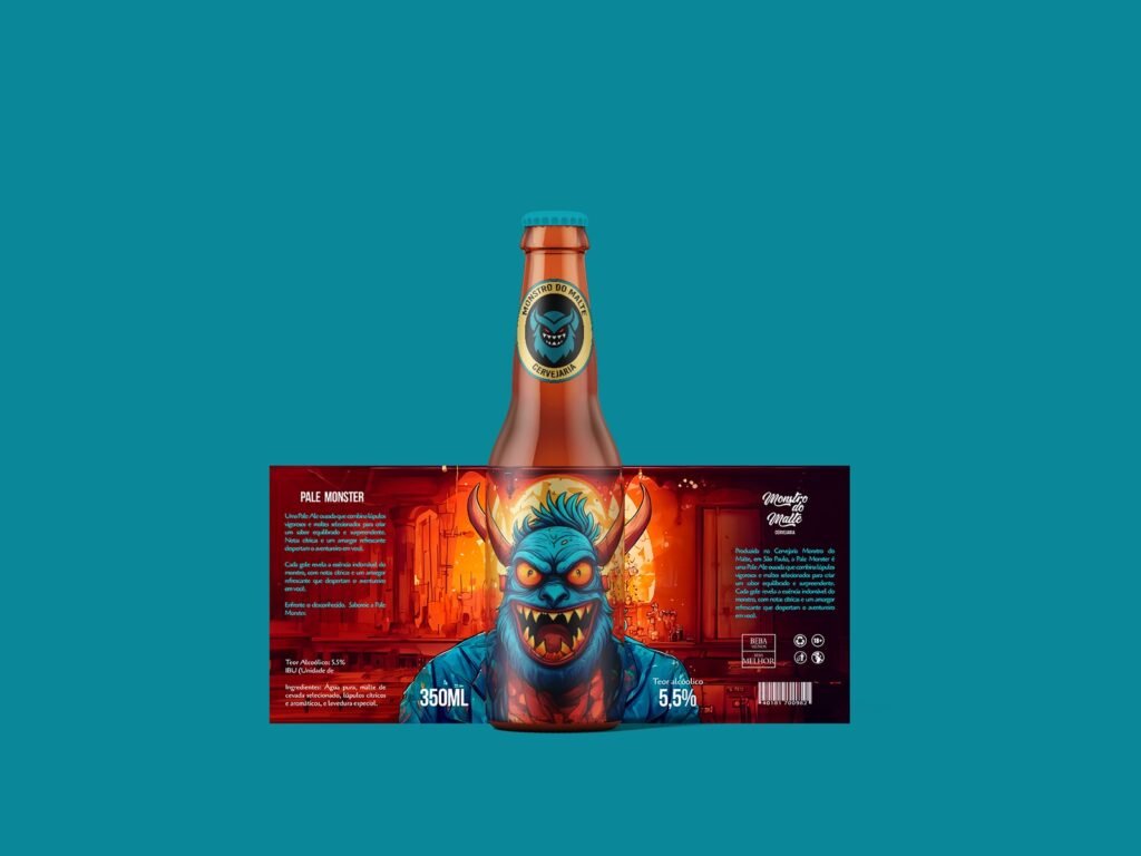 Garrafa e rótulo planificado da cerveja azul