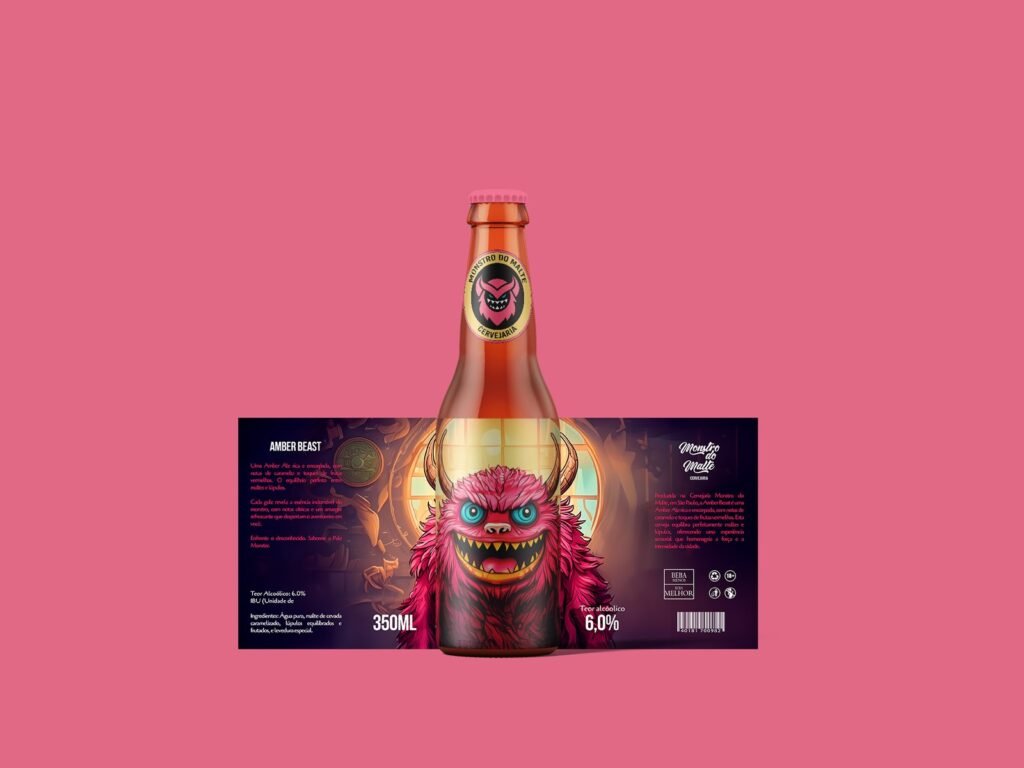 Garrafa e rótulo planificado da cerveja rosa