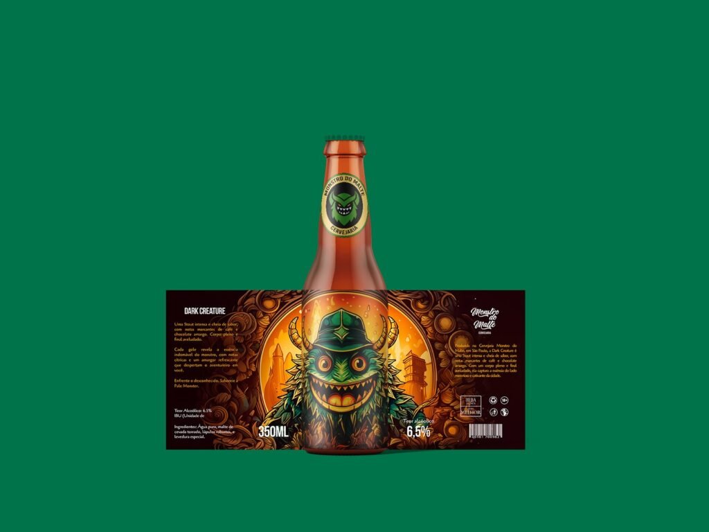Garrafa e rótulo planificado da cerveja verde