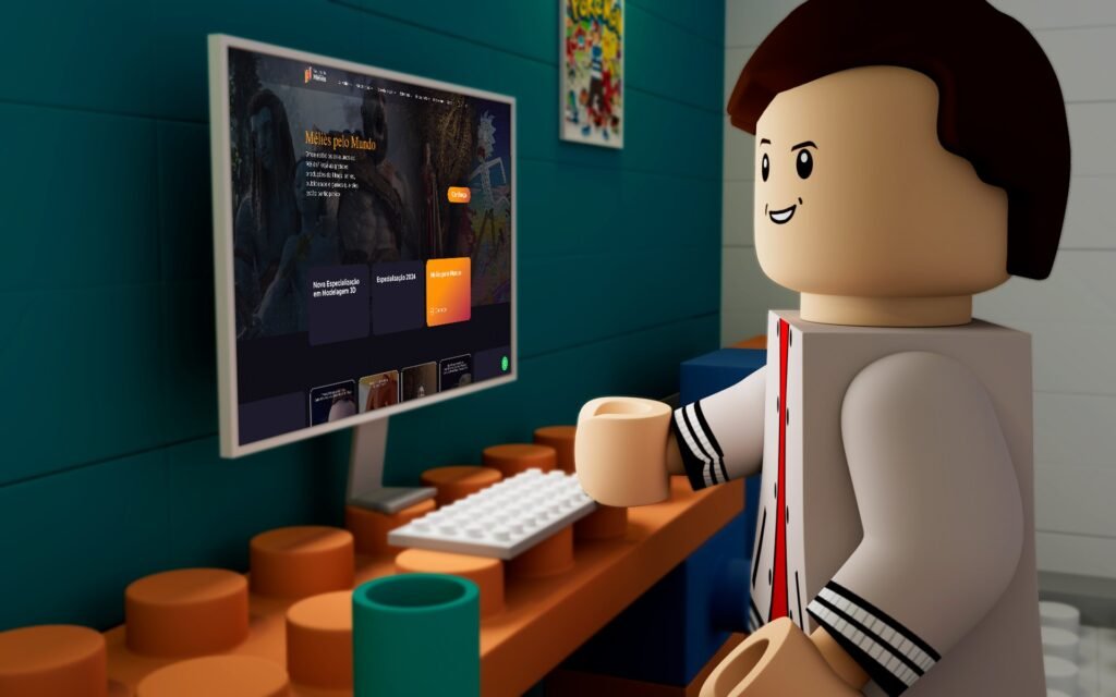 Render do personagem em estilo minifigura na estação de trabalho