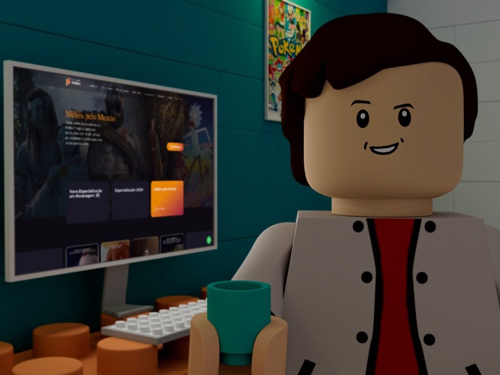 Render em vista frontal do personagem segurando uma caneca