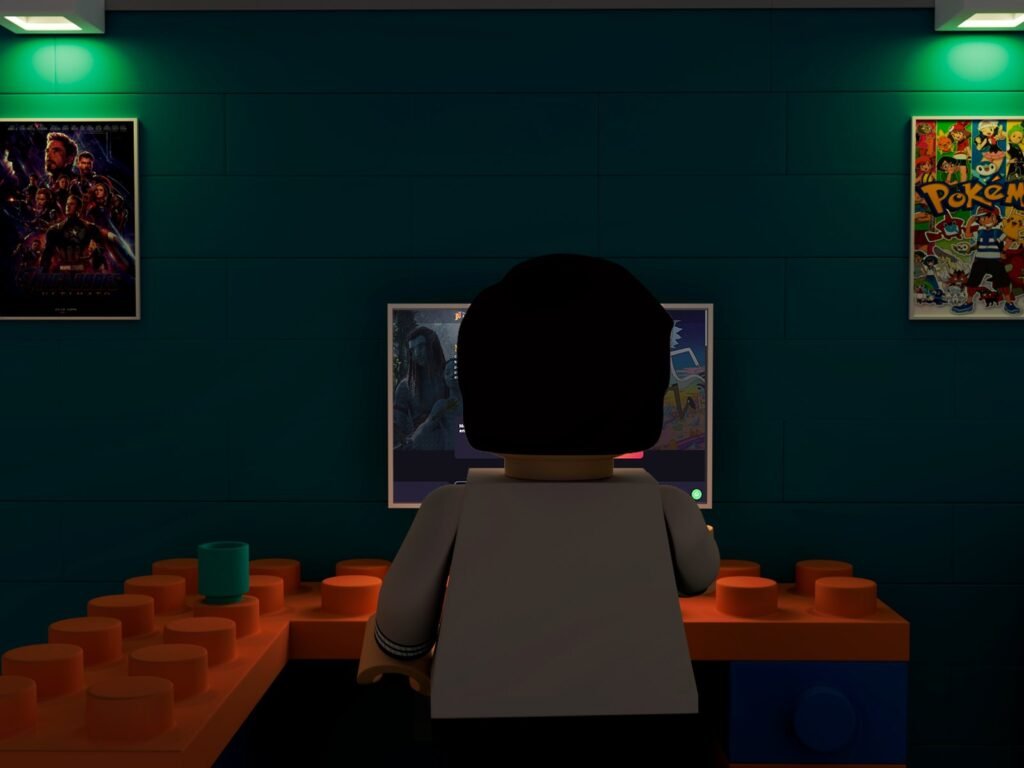 Render em vista posterior: o personagem diante do computador