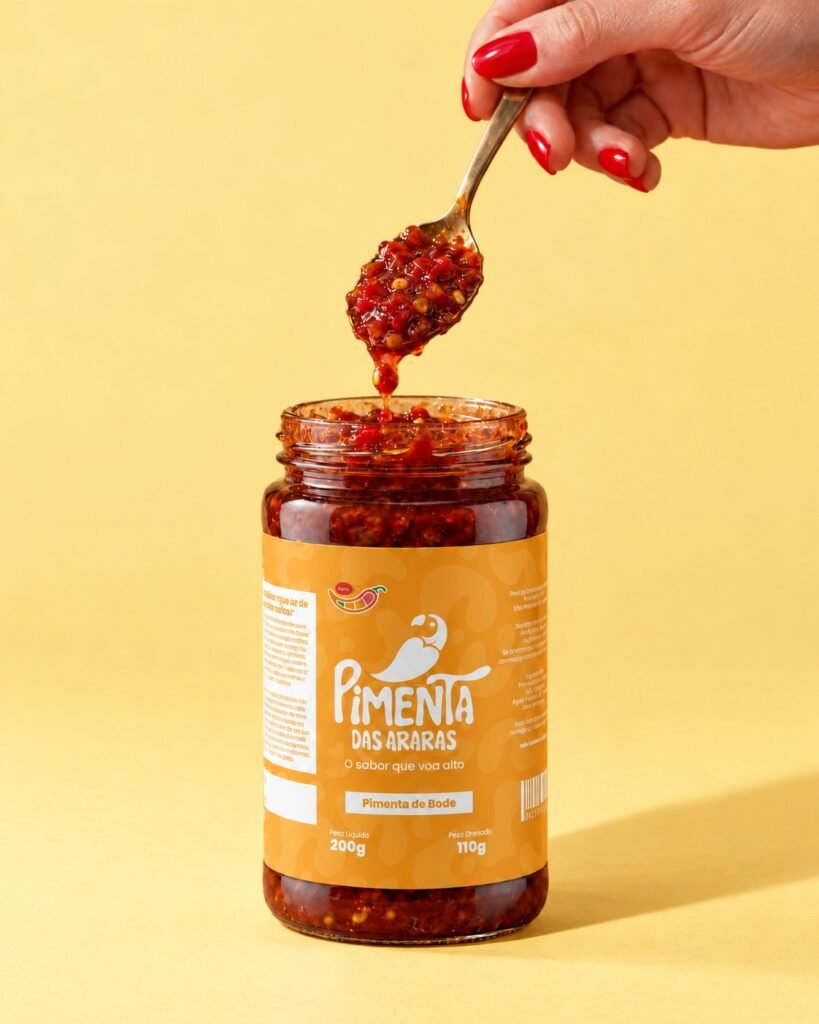 A spoon taking preserve from a jar of Bode chilli on a yellow background