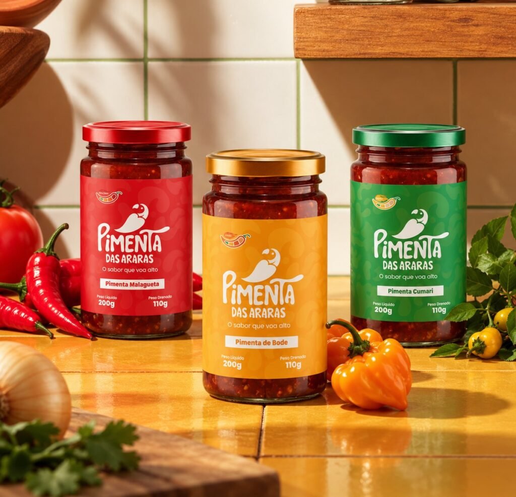 Jars of Malagueta, Bode and Cumari chilli on a sunny kitchen counter