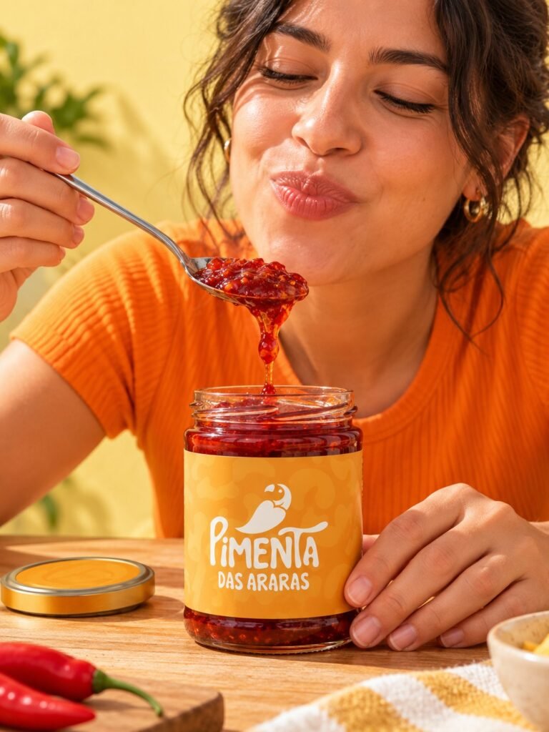 A woman tasting Bode chilli straight from the jar