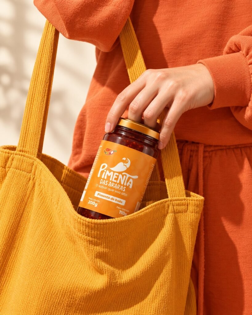 A jar of Bode chilli being put into an ochre bag
