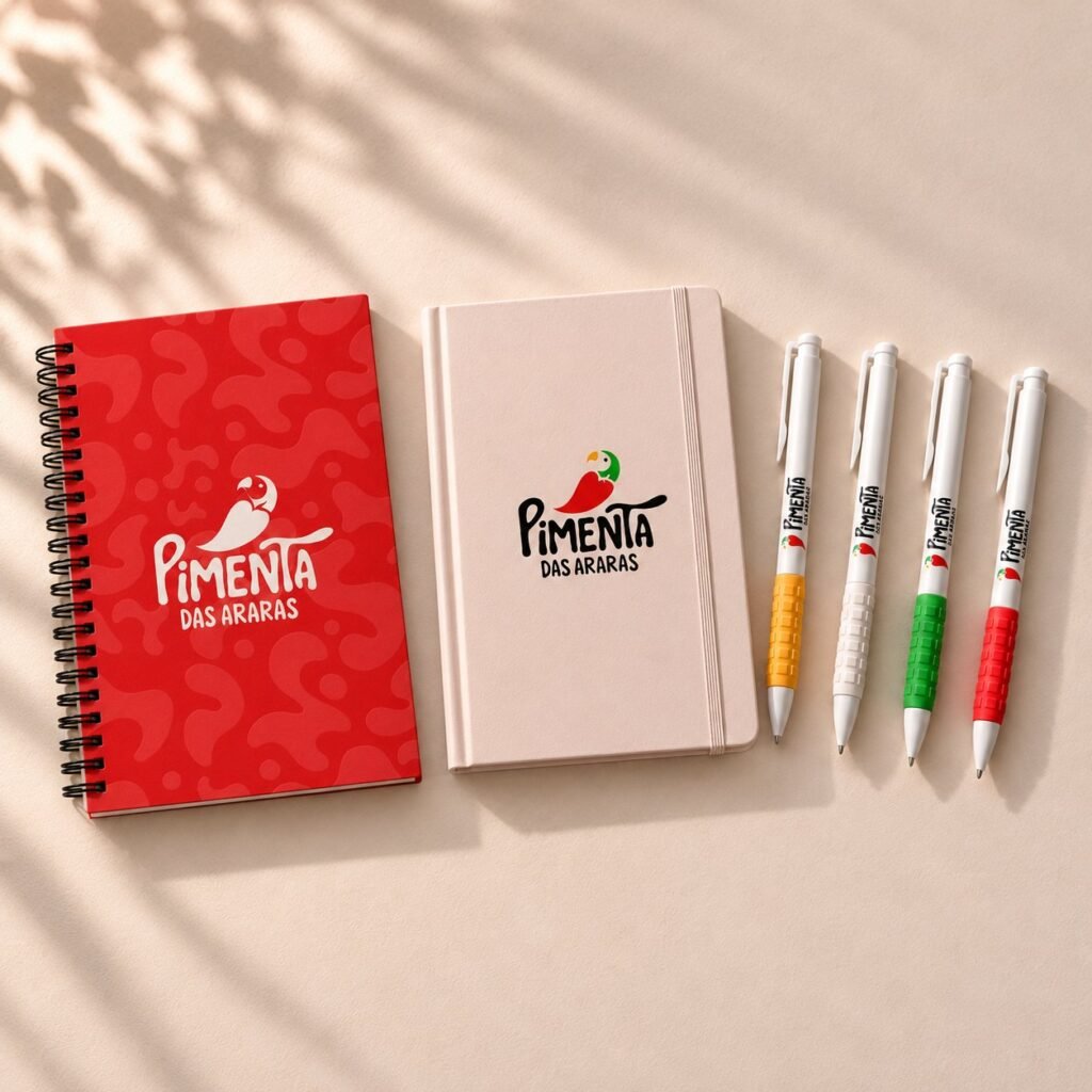 Red and pink notebooks and four branded pens