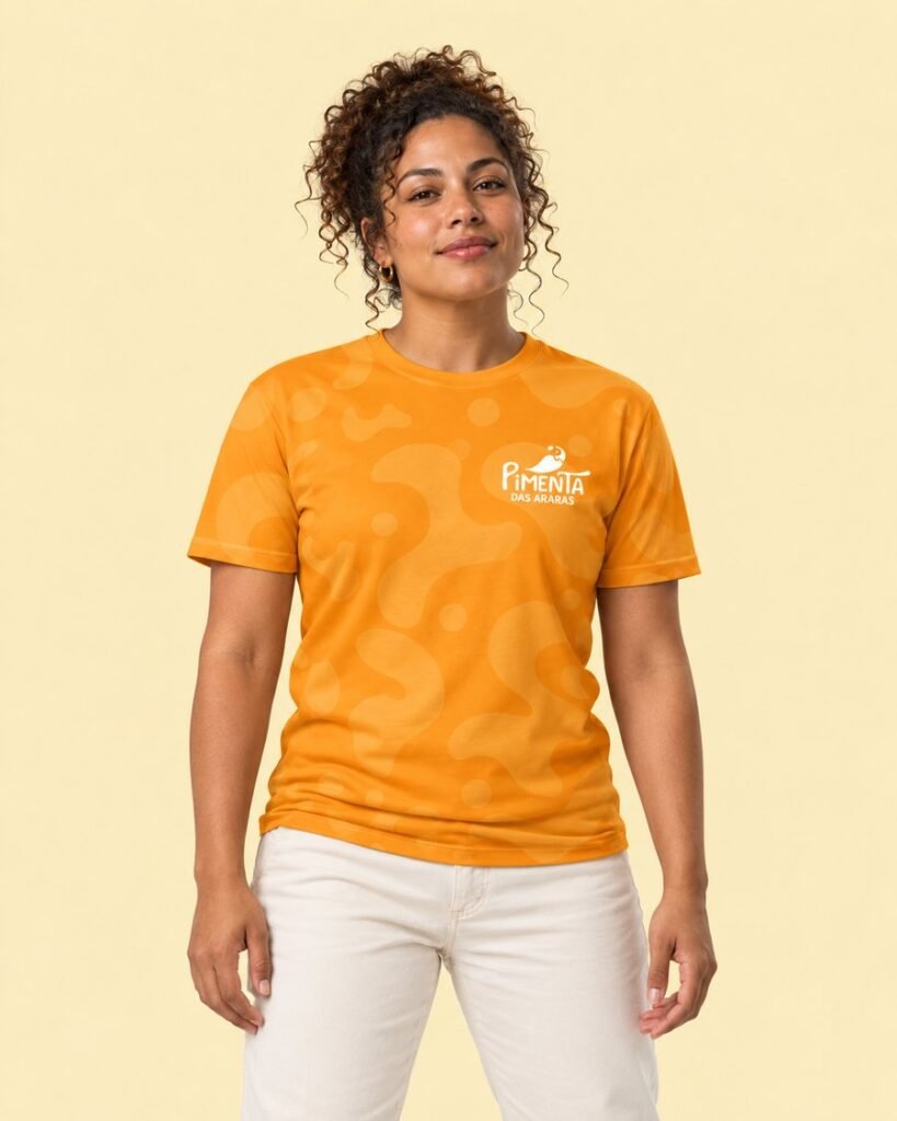 A woman in the brand's orange T-shirt