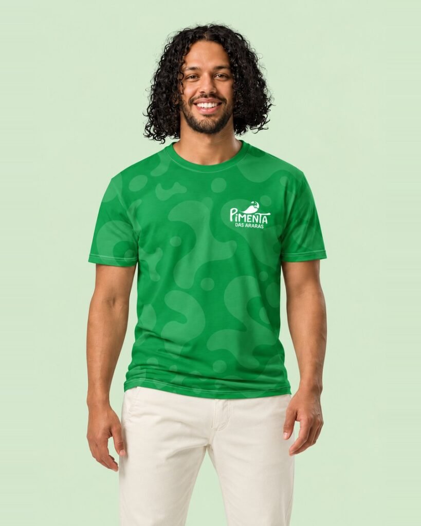 A young man in the brand's green T-shirt