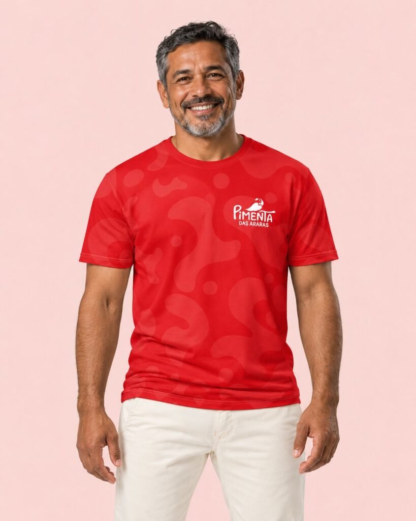 An older man in the brand's red T-shirt