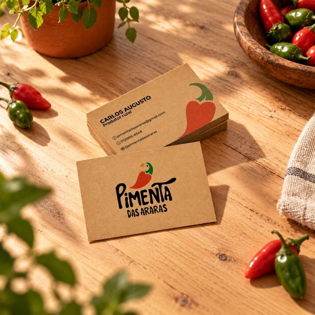 Kraft paper business cards on a wooden table, with fresh chillies