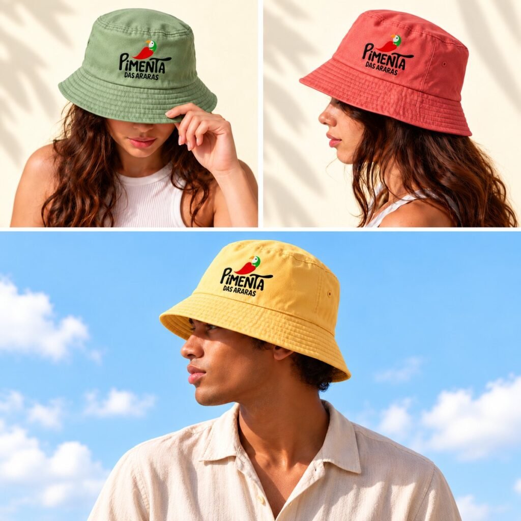 Green, red and yellow bucket hats with the embroidered brand