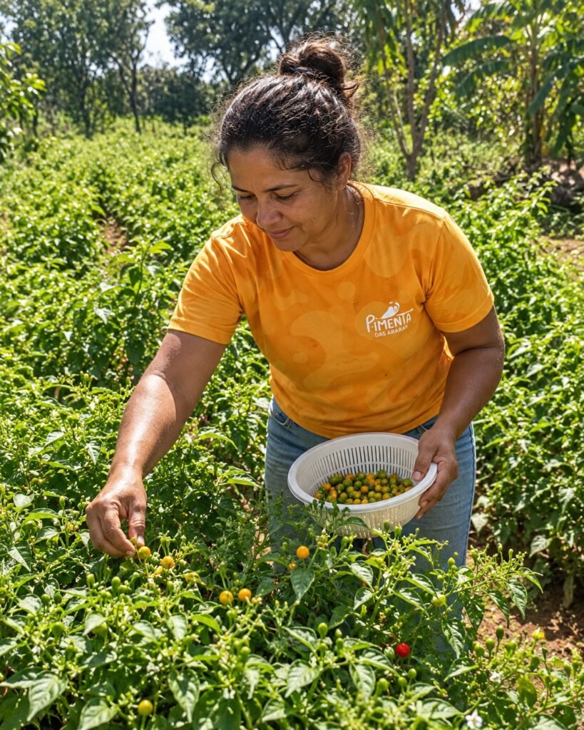 A picker in the brand's yellow T-shirt harvesting cumari chillies