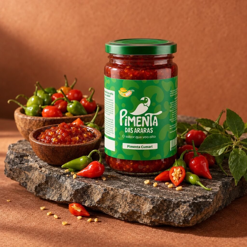 A jar of Cumari chilli on a stone with fresh chillies and preserve