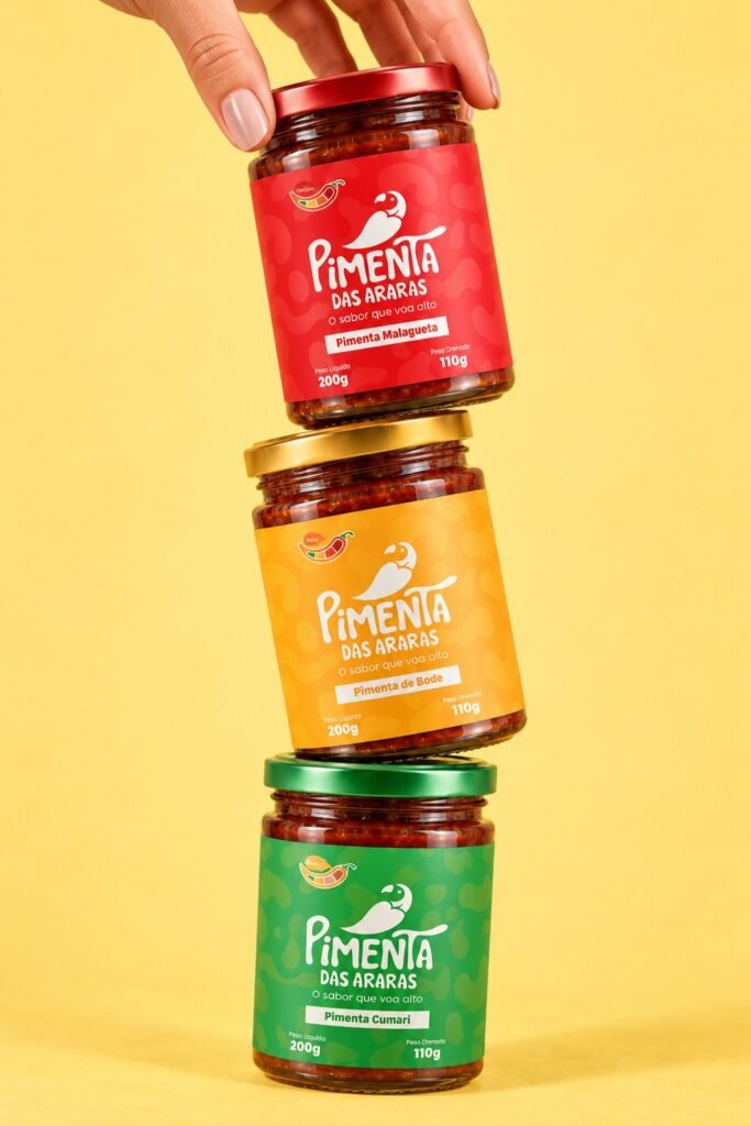 Stacked jars of Malagueta, Bode and Cumari