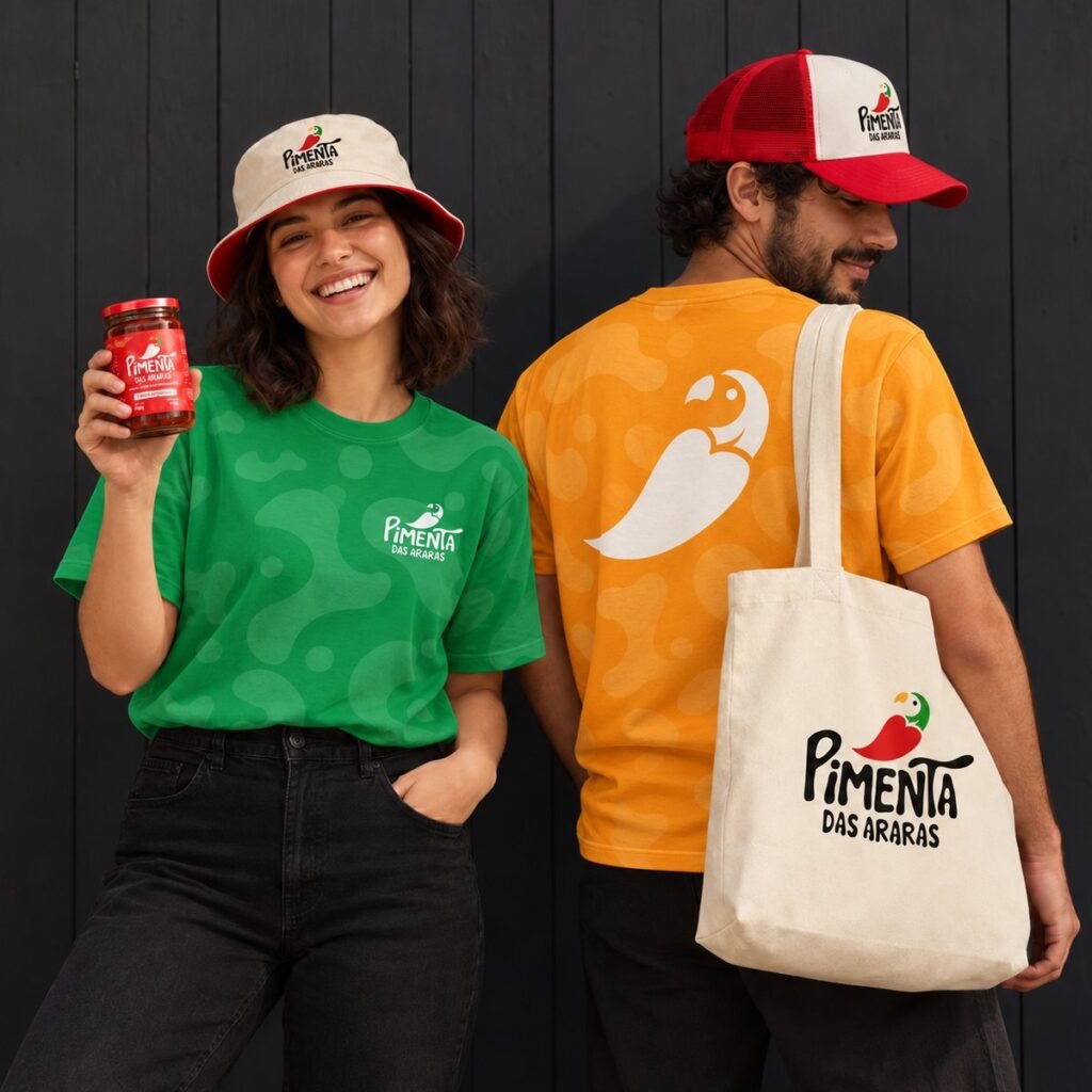 A pair in green and yellow T-shirts, with the brand's cap, hat, tote bag and jar