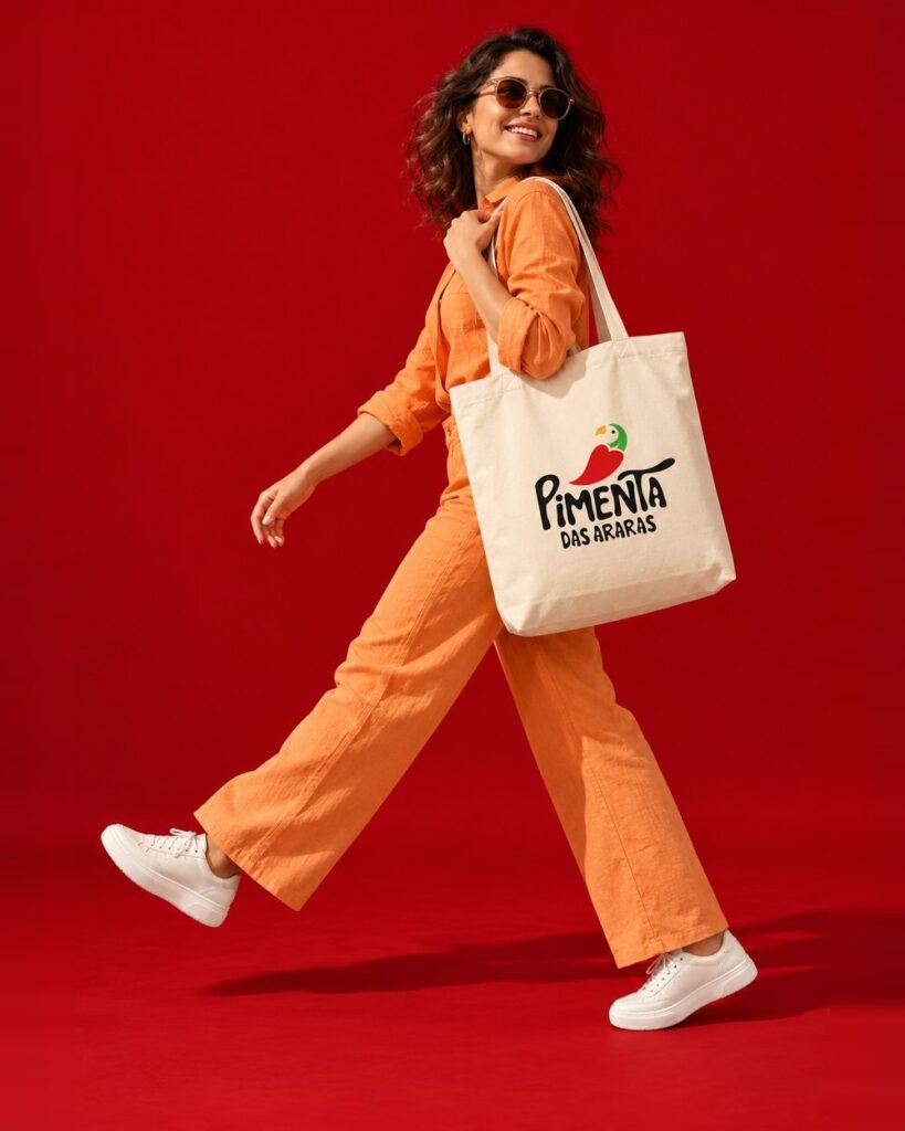 A woman walking with the brand's tote bag on a red background