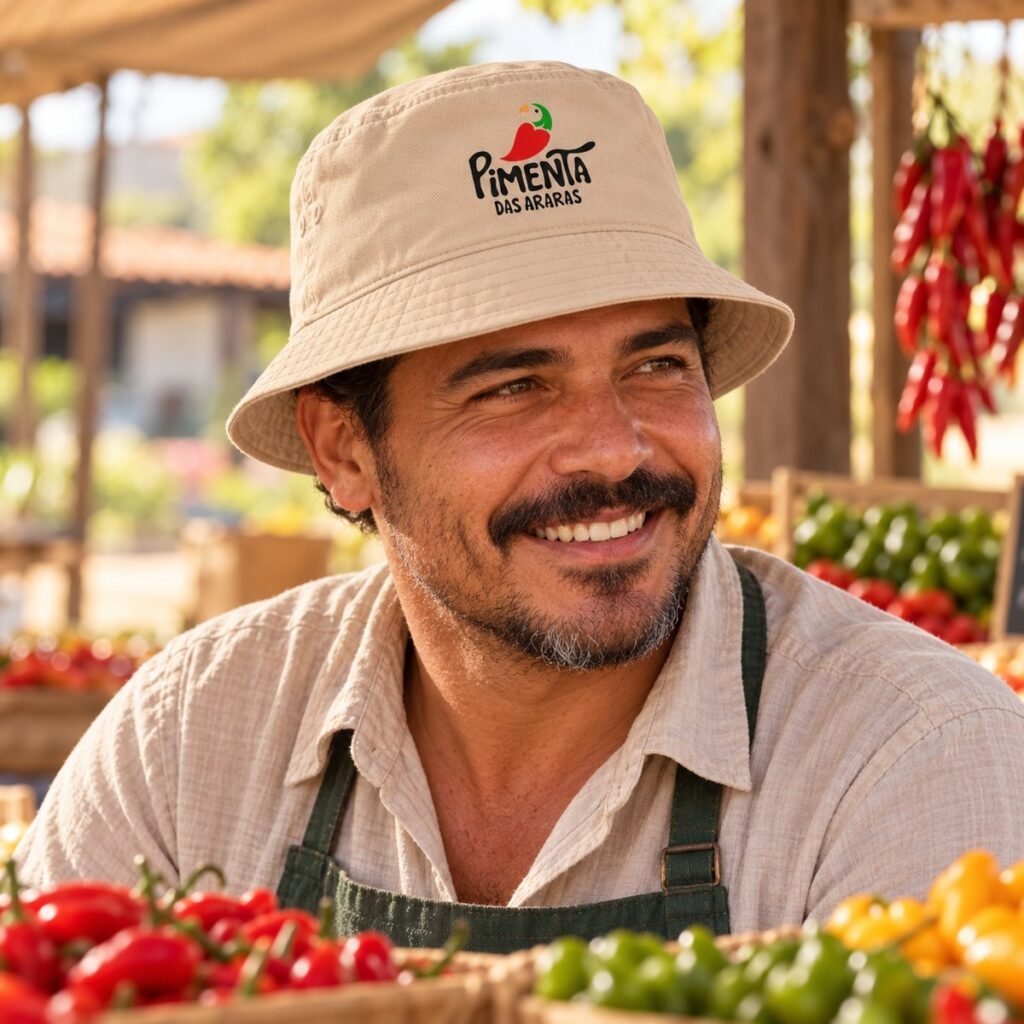 A grower in the brand's beige hat at a chilli stall at the market