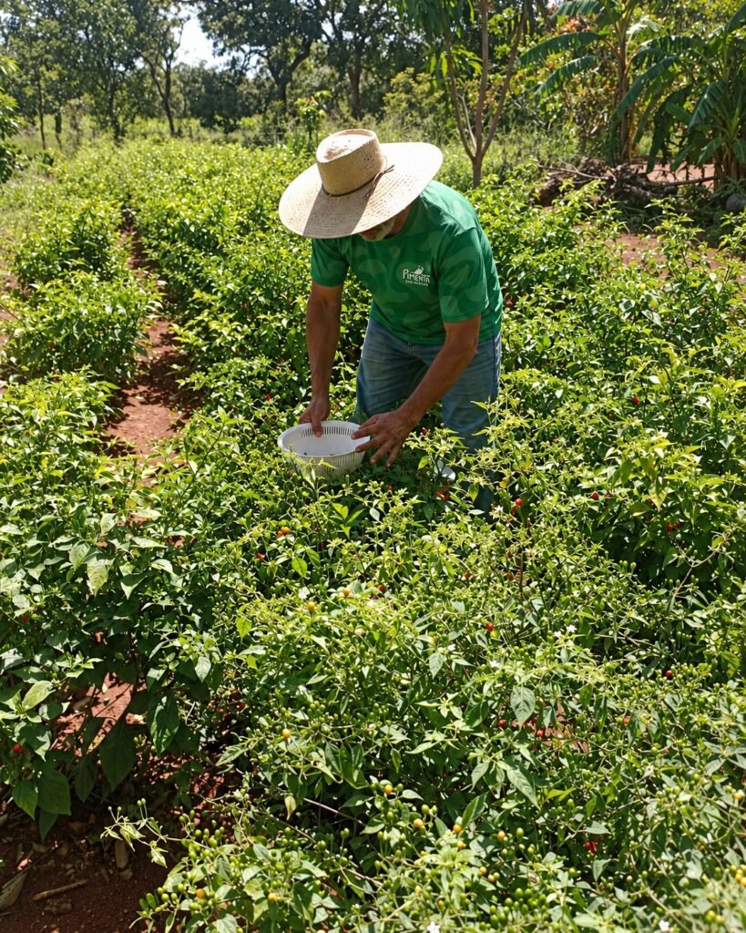 Guto in a green T-shirt bent over between rows of chillies