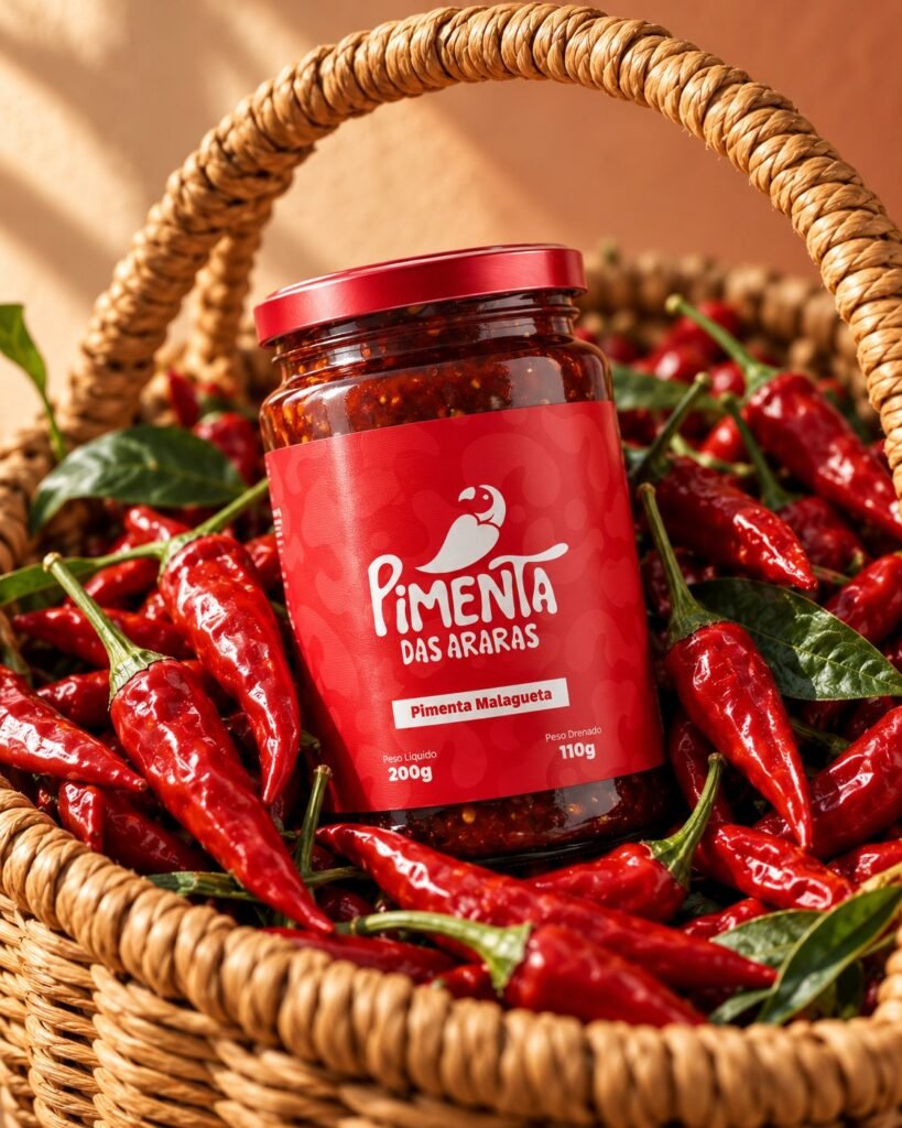 A jar of Malagueta chilli in a straw basket full of chillies