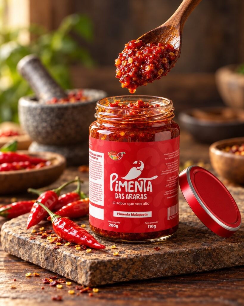 A wooden spoon taking preserve from a jar of Malagueta chilli