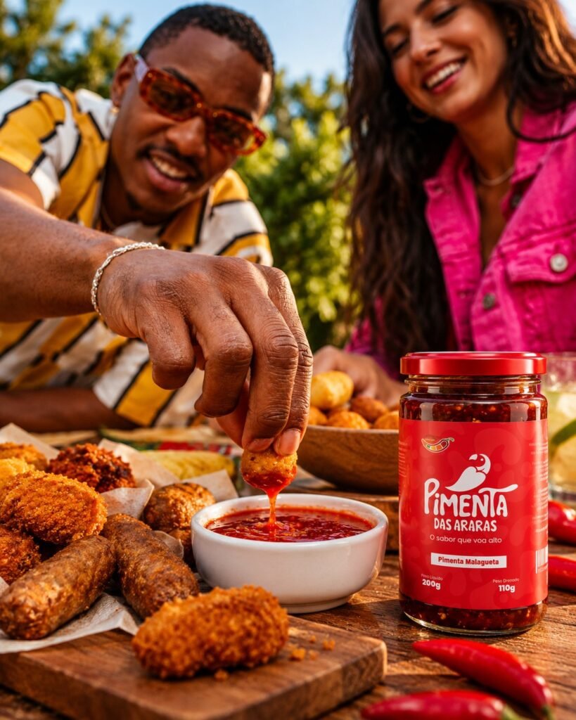 Friends dipping snacks in Malagueta chilli at an outdoor table
