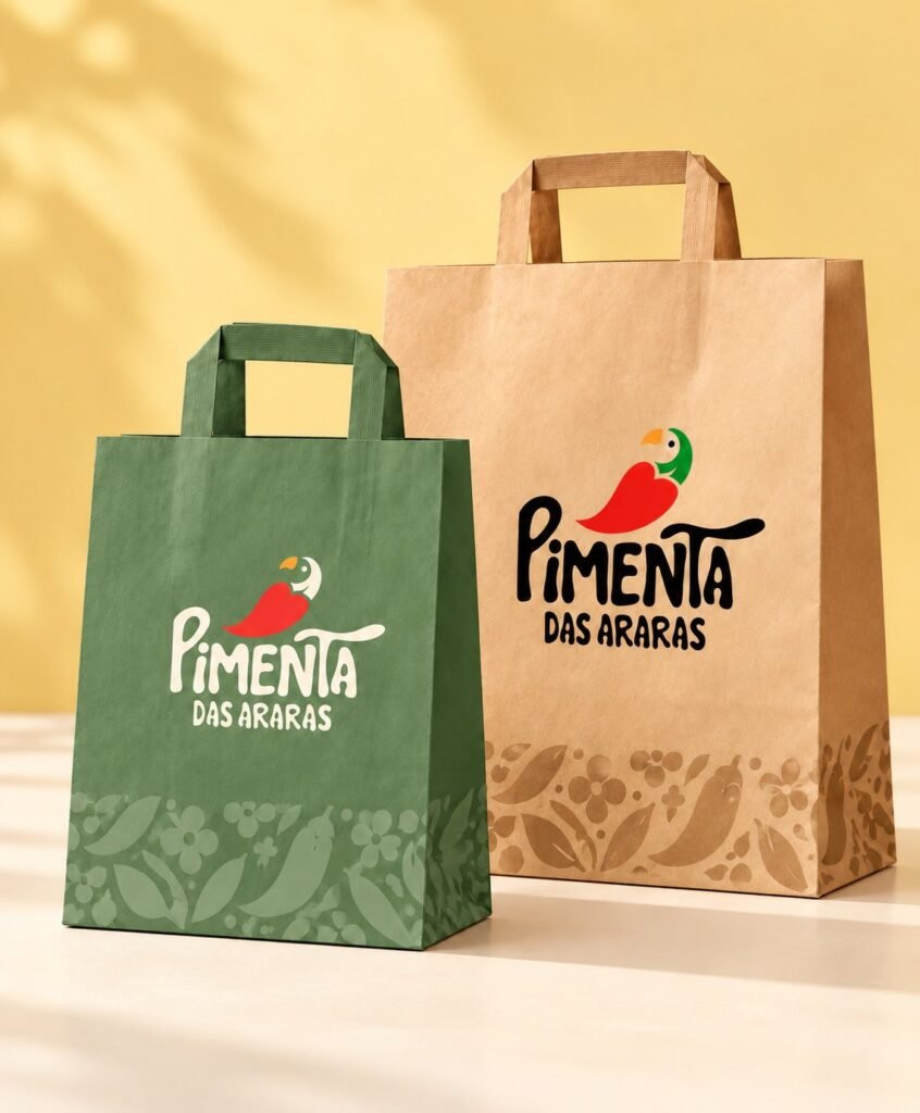 Green and kraft paper bags with the brand