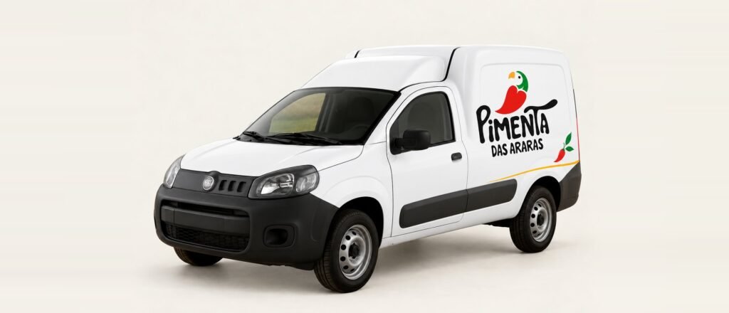 White delivery van with the Pimenta das Araras brand